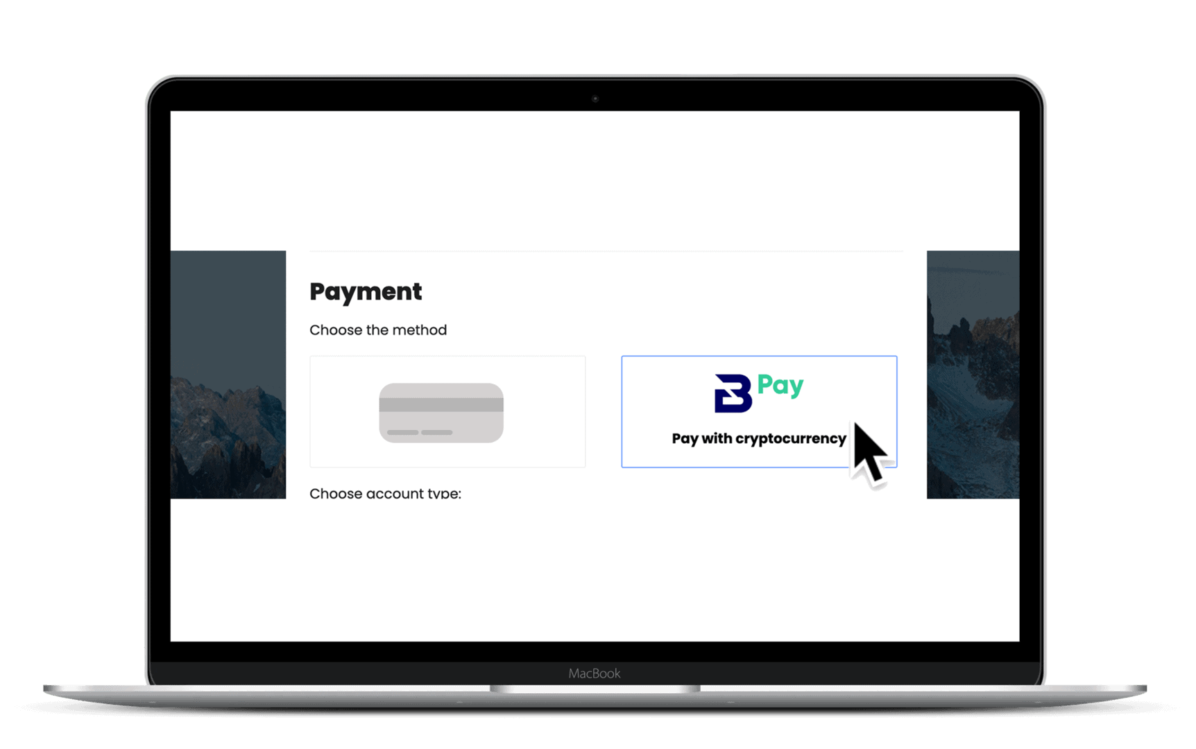 Laptop screen showing a payment method selection with an option to pay with cryptocurrency on Bitclear crypto exchange.