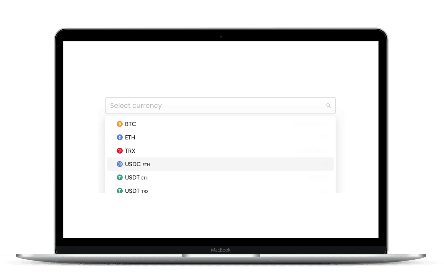Laptop screen displaying a currency selection menu on Bitclear crypto exchange.