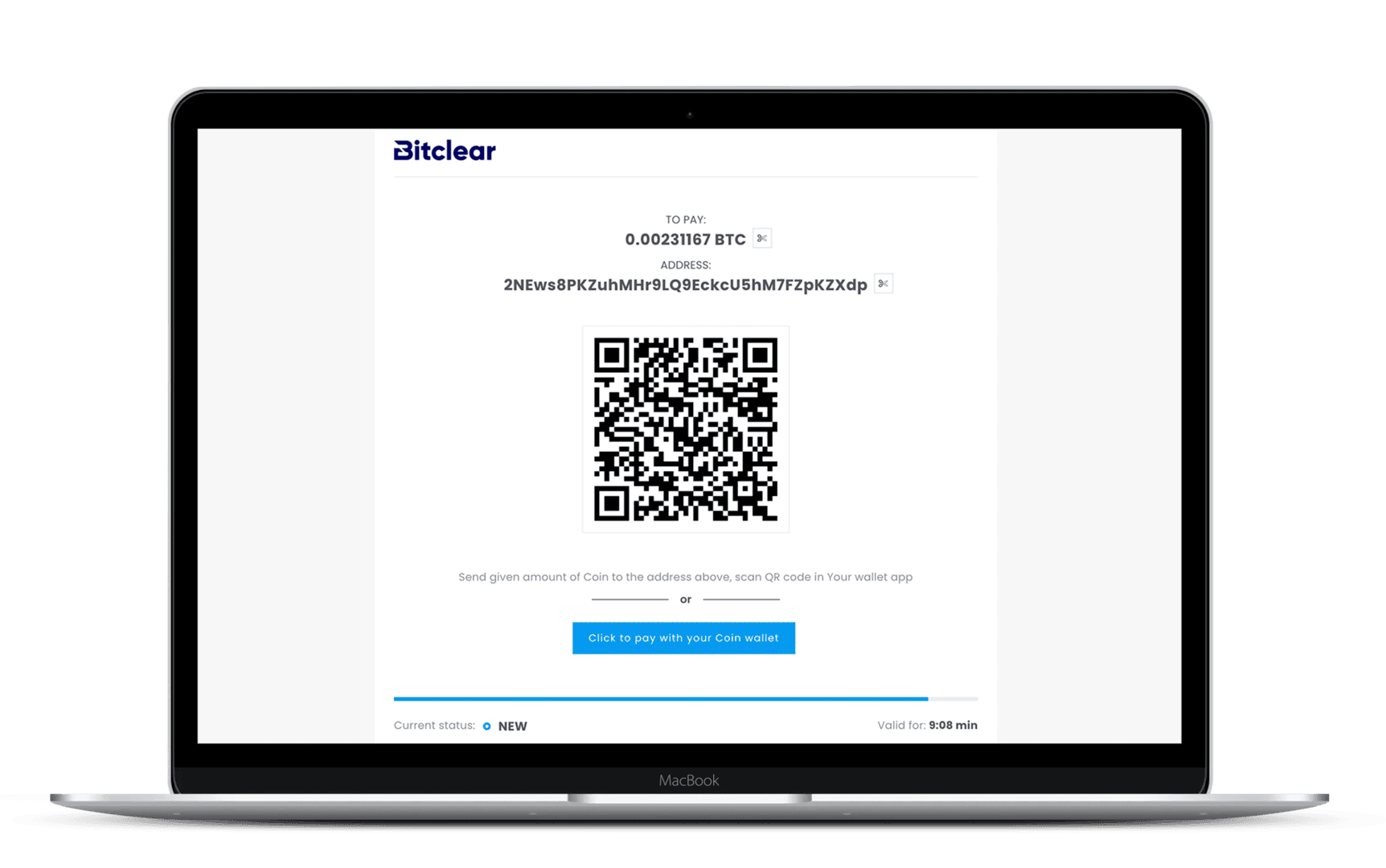 Laptop screen displaying a Bitcoin payment request with a QR code on Bitclear crypto exchange