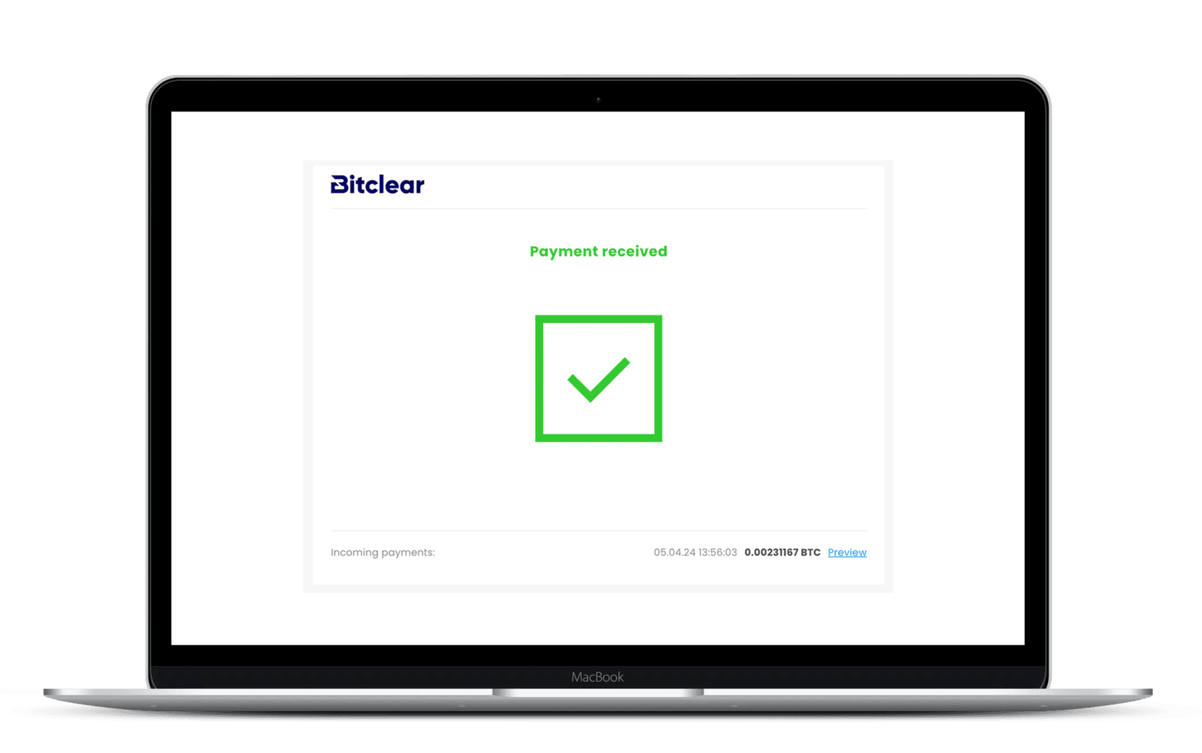 Laptop screen showing a payment received confirmation on Bitclear crypto exchange