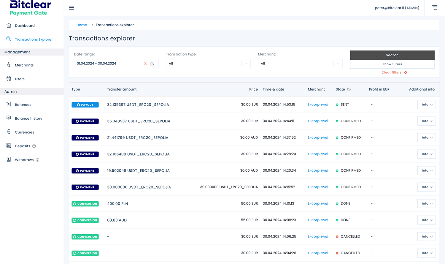 Ein Bildschirm zeigt die Benutzeroberfläche des Krypto-Bitclear Payment Gate transactions explorer showing various types of cryptocurrency transactions