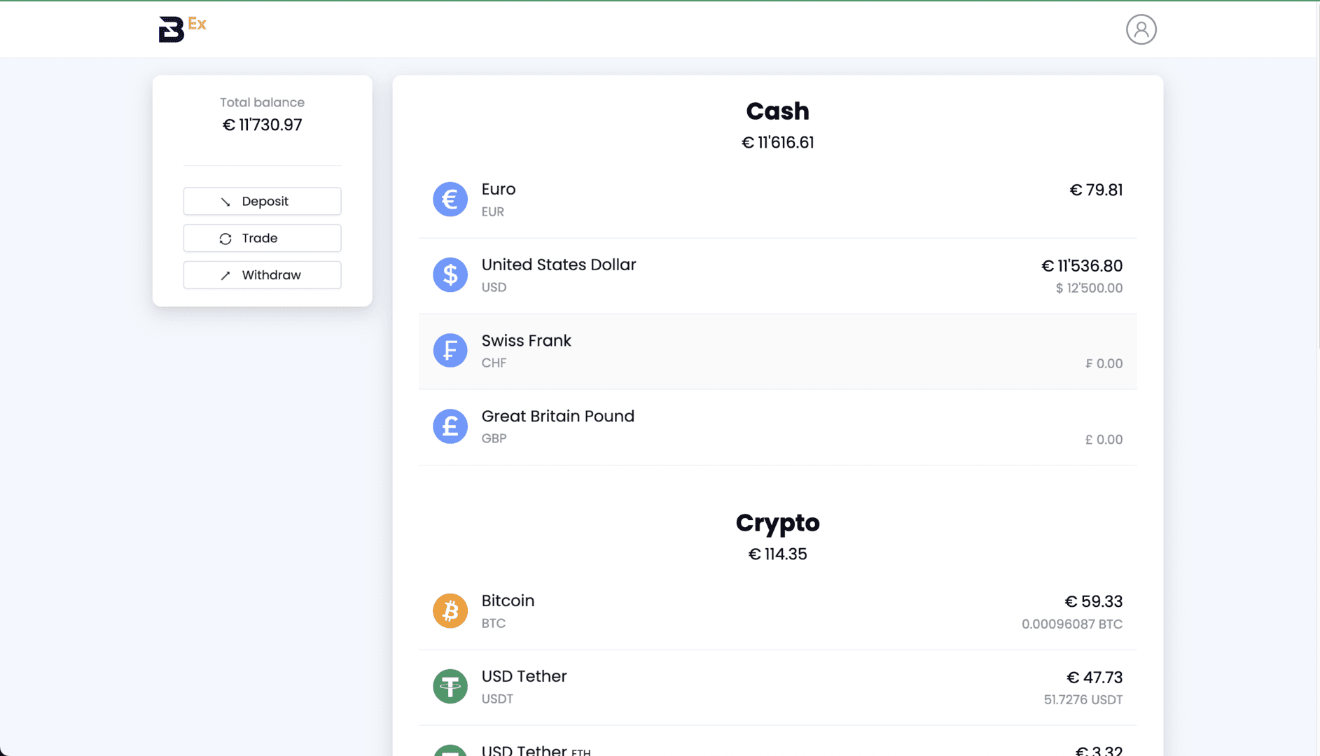 Laptop screen displaying a crypto exchange interface with balances in various currencies
